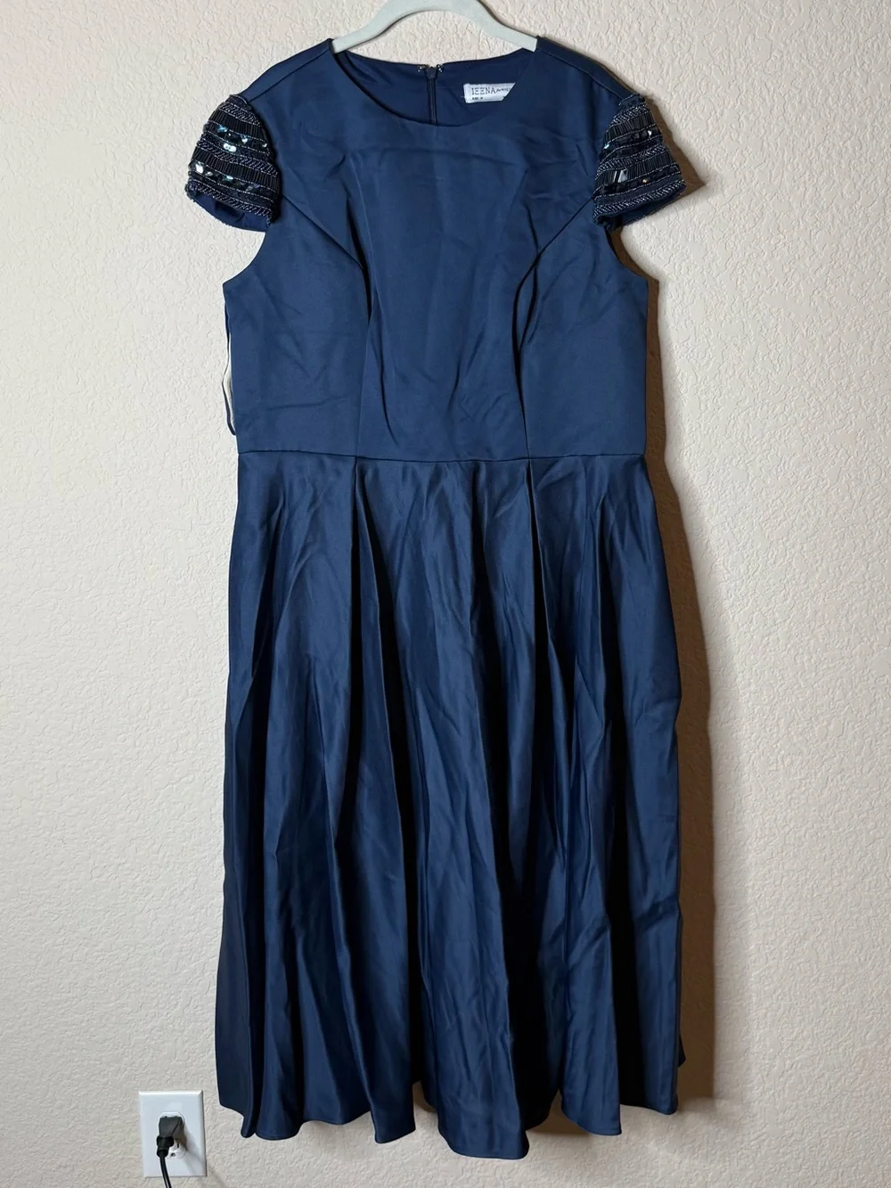 Mac Duggal Navy Blue Hand-Beaded Cap Sleeve A-Line Midi Dress